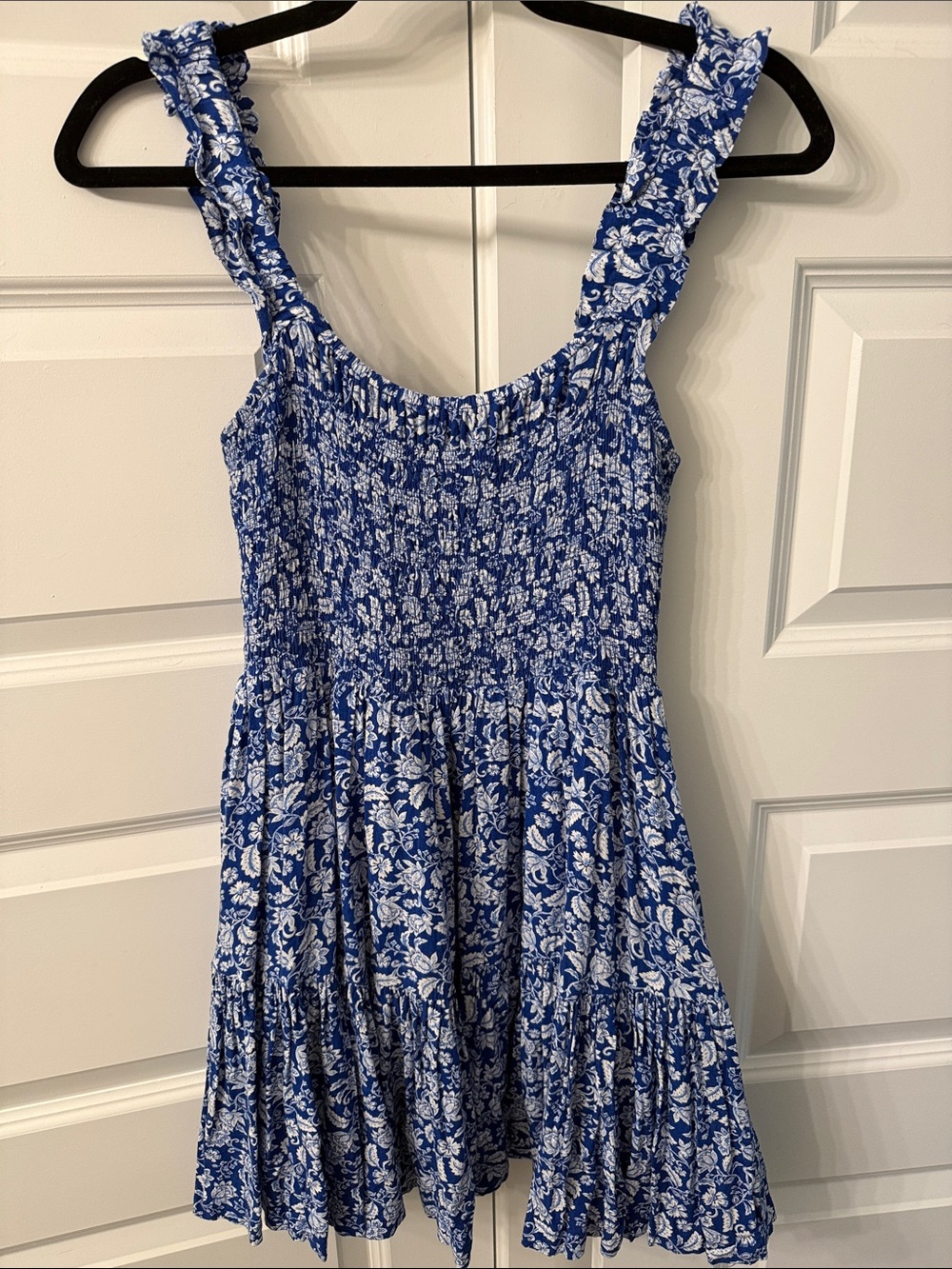 Blue Floral Smocked Mini Dress with Ruffle Straps